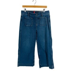 Spanx Wide Leg Cropped Jeans Blue Medium Wash Stretch Denim Patch Pockets Size L